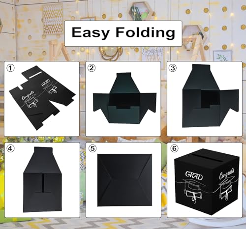 Graduation Card Box - Foldable Black & Silver Foil Design, 8.7"