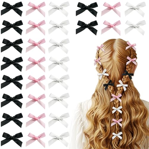 Zoolinn 30-Piece Mini Bow Hair Clips - Pink, White & Black Ribbon Barrettes