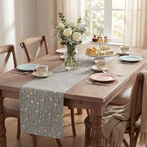 Artoid Mode Gold Stars Gray Burlap Table Runner 12x60 Inch
