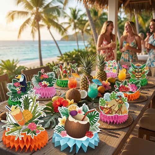 Hawaiian Luau Honeycomb Table Centerpieces - 9 PCS Tropical Decor
