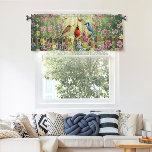 Birds and Flower Spring Kitchen Valance, 54x18 Inch Floral Window Curtain