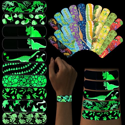100 Pcs Glow in The Dark Bandages, Cute Breathable Waterproof Neon Adhesive Wraps with Dinosaur Designs for Cuts, Scrapes, and Wounds