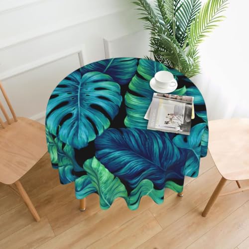 Tropical Palm Leaf Round Tablecloth - Hawaiian Style Outdoor Indoor 60x60 Inches - Leaf Variation