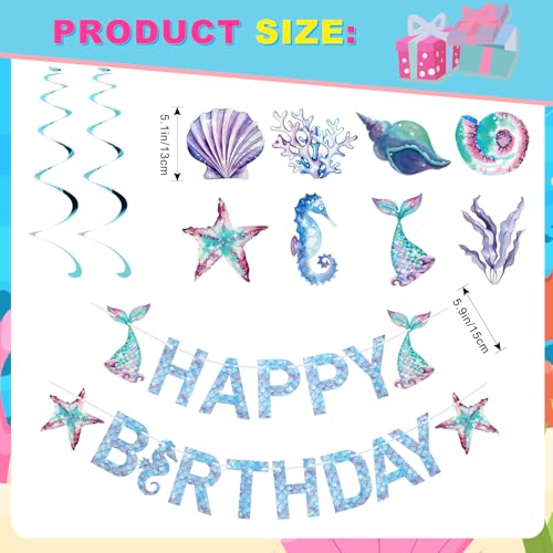 Mermaid Birthday Decorations Set with Banner & Hanging Swirls