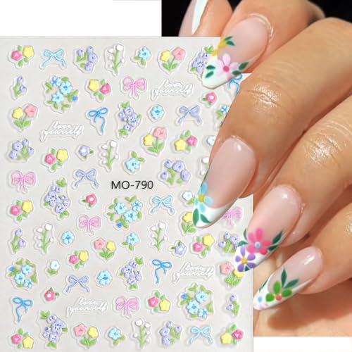 5D Embossed Floral Nail Stickers - Blue Flowers & Bows Self-Adhesive Art Decals (3 Sheets)