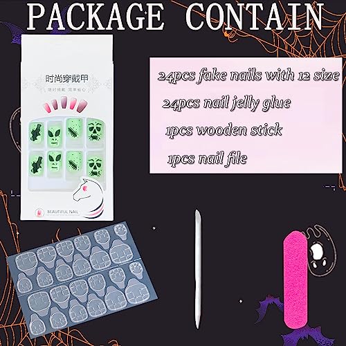 Vezocim Halloween Press on Nails Luminous Alien Acrylic False Nails Set