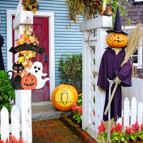 Large Wooden Halloween Wreath with Cat and Pumpkin for Front Door