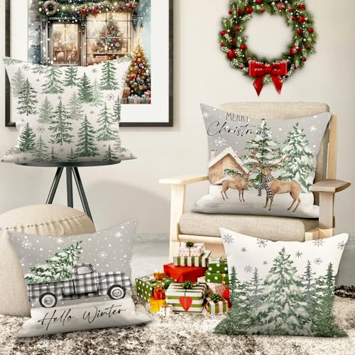 MEHOFOND Green Winter Christmas Pillow Covers Set of 4 - 18x18