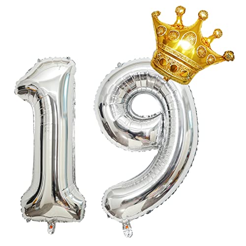 32 Inch Silver Happy Birthday Number 19 Foil Balloon with Crown