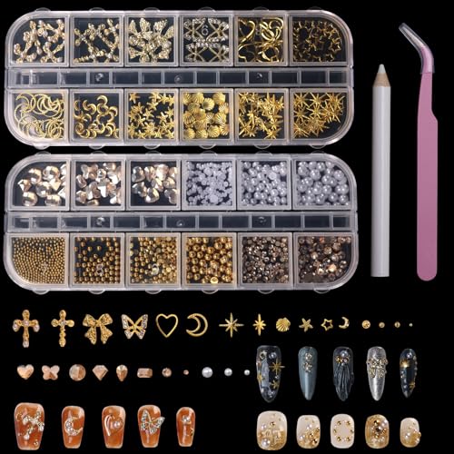 Gold & Champagne Nail Charms Kit - 3D Rhinestones & Pearls for DIY Manicure
