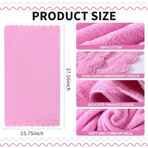 100% Cotton Scalloped Hand Towels, 600 GSM Embroidered Fingertip Set - Pink
