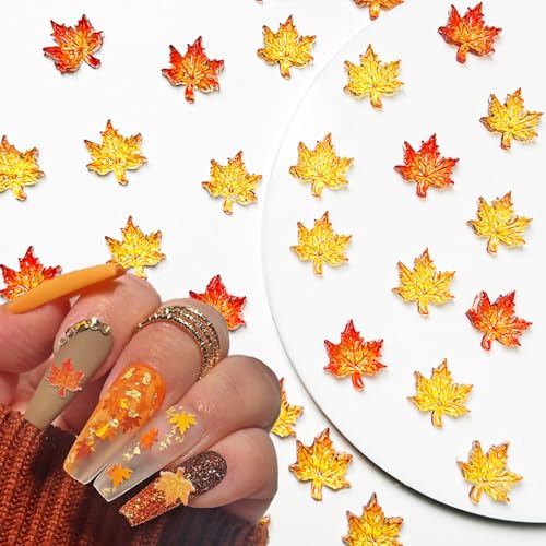 100Pcs 3D Fall Maple Leaf Nail Art Charms - Orange Gold Resin Autumn Gems