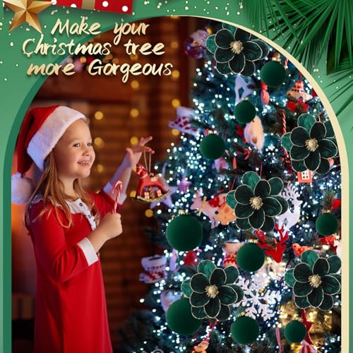 Green Velvet Christmas Tree Decorations Set with Poinsettias & Ornaments