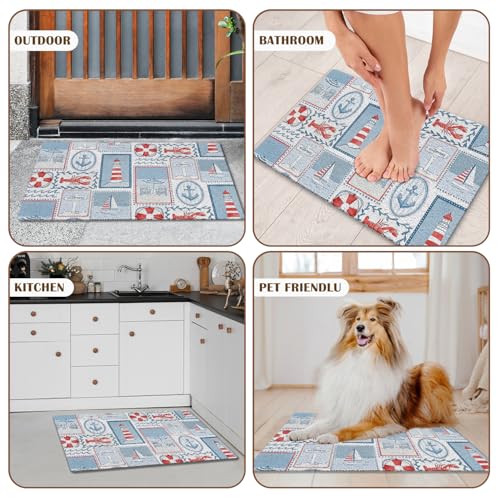 KBRCT Coastal Outdoor Door Mat - Ocean, Lobster, Lighthouse, Sailboat Design, 17x30 Inches