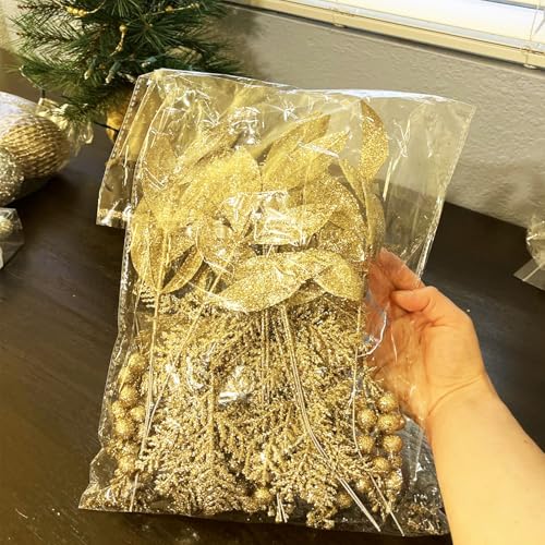 24pcs Gold Glitter Artificial Cedar Stems for Christmas Decor