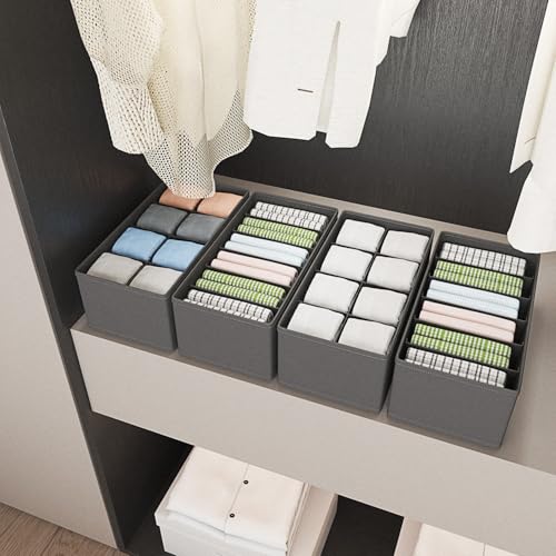 A-Grey 4 Pack Sock & Underwear Drawer Organizer Dividers - Collapsible Closet Storage