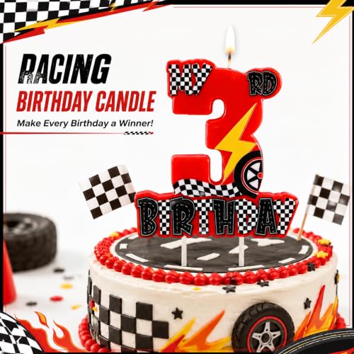 3rd Birthday Race Car Candle - Red Racing Theme Cake Topper