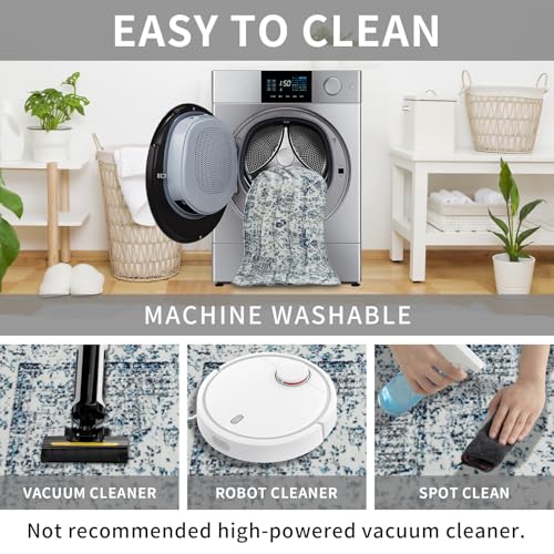 Easy-Going Area Rug 5x7 Washable Boho Rugs for Living Room Non-Slip Bedroom Rug Low Pile Lightweight Floral Print Vintage Throw Rug for Dining Room Kitchen Home Office Carpet, Blue Cream