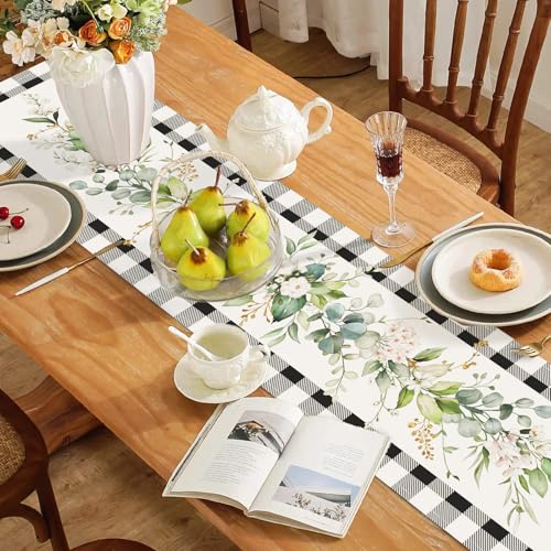 Bonhause Eucalyptus Leaves Table Runner 13x72 Inch - Black White Plaid