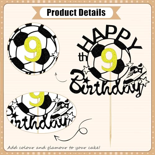 Soccer Ball Cake Topper for 9th Birthday - Black Glitter Decoration