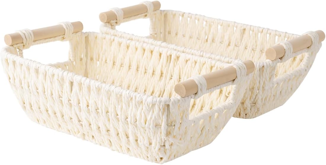 StorageWorks Round Woven Paper Rope Baskets - Beige 2-Pack with Wooden Handles for Stylish Storage