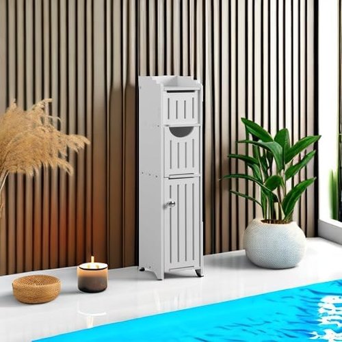 AOJEZOR Bathroom Storage Cabinet - Compact Design with Toilet Paper Holder for Mega Rolls | White Finish