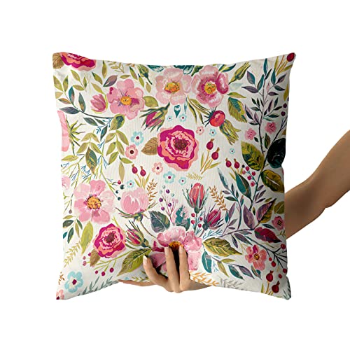 Pink Peony Throw Pillow Covers 18x18 Inch Set of 2 - Floral Cotton Cushion