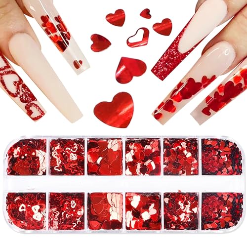 Red Heart Nail Art Sequins & Glitter Decals 12 Grids Valentine's Day