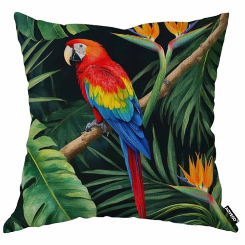 Watercolor Parrot Throw Pillow Cover - 18x18 Inch Cotton Linen Cushion