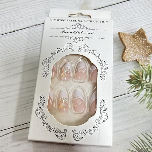 TBRZTR White French Press On Nails Almond 3D Bear Pearl False Nails Kit