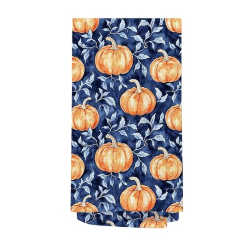 Navy Blue & Orange Pumpkin Kitchen Towels - 16x24 Decorative Hand Towels