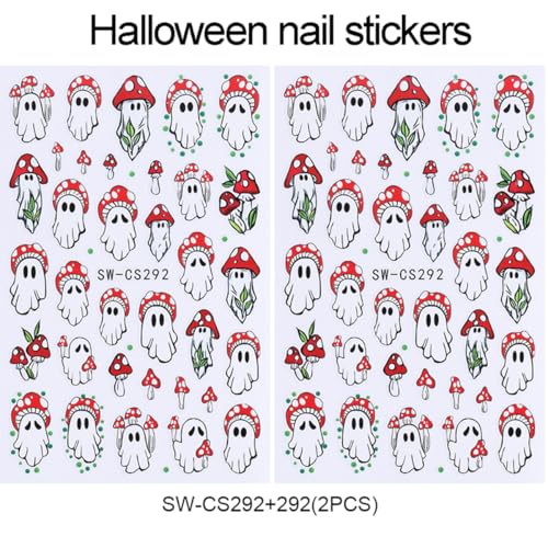 QUNQINLI 2 Sheets 3D Halloween Ghost and Mushroom Nail Art Stickers