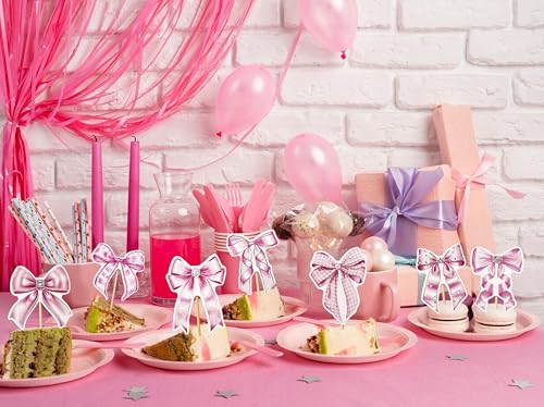 32PCS Pink Bow Cupcake Toppers for Birthday & Baby Showers