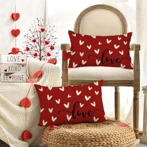 RABUSOFA Valentine's Day Decorative Pillow Cover - 12x20 Inch Red Heart