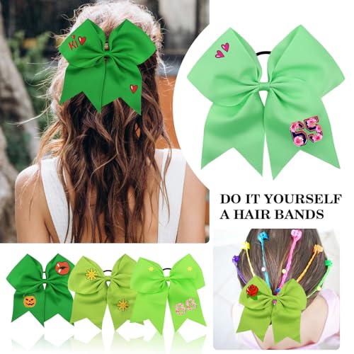 Large Green Cheering Hair Bows 8 Inch with Elastic Hair Ties (4 Pack)