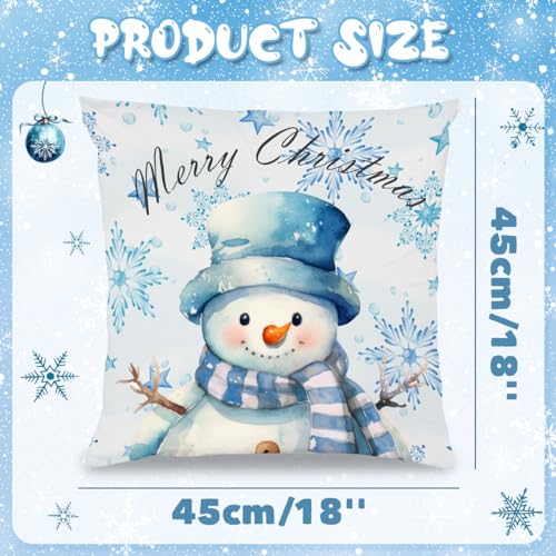 Blue Christmas Pillow Covers Set of 4 - Snowman & Tree Designs