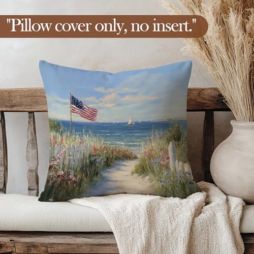 American Road Patriotic Throw Pillow Cover 18x18 - Rustic USA Flag Decor