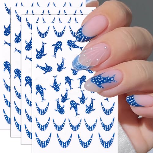 Blue Whale Nail Stickers 4-Sheet Self-Adhesive Ocean Nail Decals