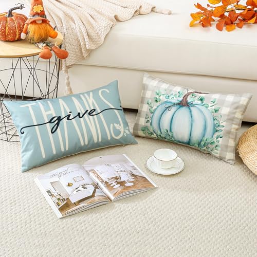 Fall Decorative Pillow Covers 12x20 Inch Set of 4 - Light Blue Pumpkin Design
