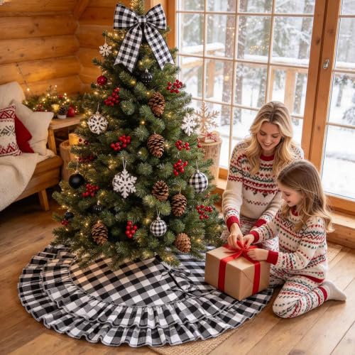 Yuboo Buffalo Plaid Christmas Tree Skirt 48 Inch Black & White Ruffled Decor