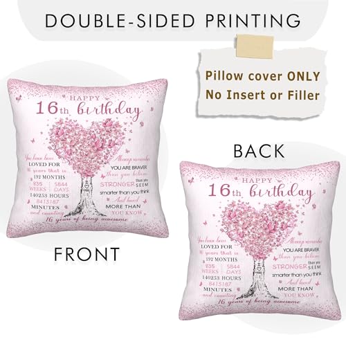 Sweet 16 Birthday Pillow Cover - Pink Heart Tree Design, 18x18