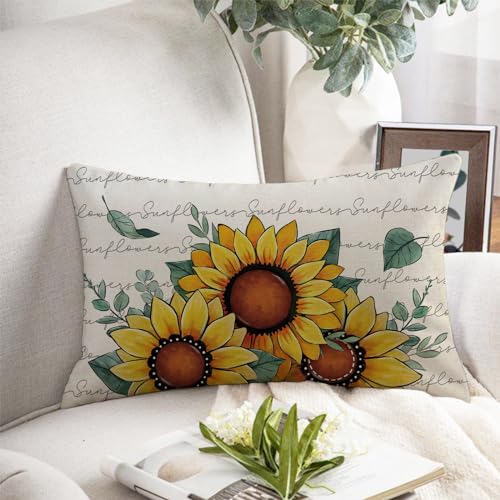 Sunflower Lumbar Throw Pillow Cover, 12x20 Inch Cotton Linen Case