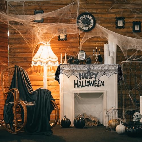 Halloween Black Lace Spiderweb Mantel Scarf - 18x96 Inch Decor