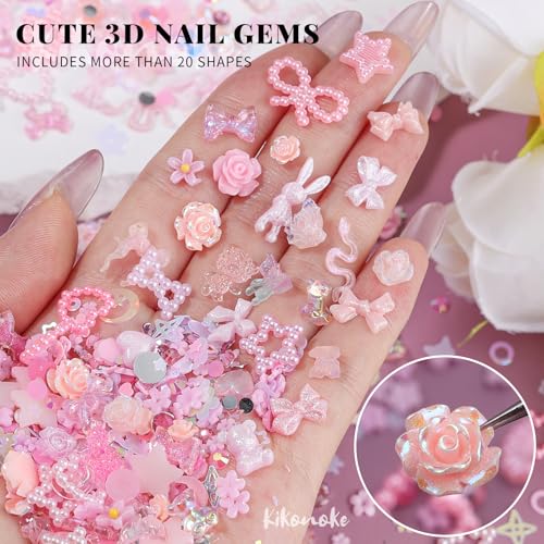 Kikonoke 400Pcs Pink Nail Charms Kit 3D Resin Gems & Rhinestones