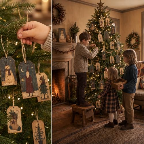 Rustic Christmas Snowman Ornaments Set - Primitive Holiday Tree Decor with Jute Loops - 12 Pieces