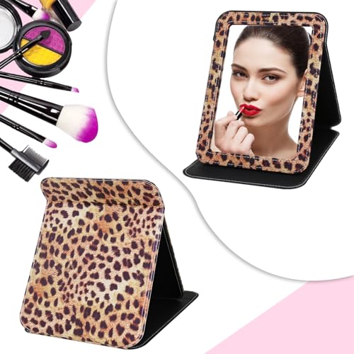 GLINTZ Leopard Print Foldable Travel Makeup Mirror with Adjustable Stand - Portable Vanity Mirror, Large Folding Desk Mirror for Vanity, Office & Camping