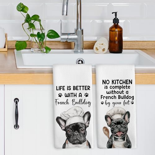 Funny French Bulldog Kitchen Dish Towels Set of 2 Chef Frenchie Gifts