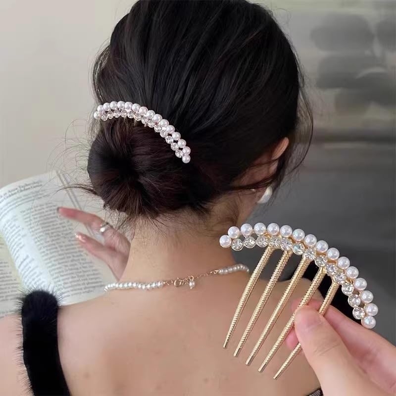 QUUPY Gold Pearl Hair Side Comb Rhinestone Bridal Hairpin Accessory
