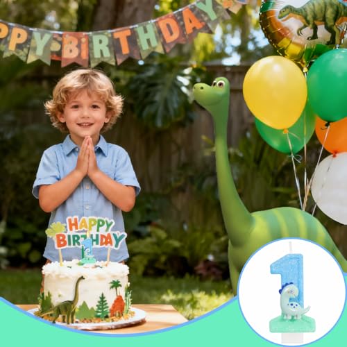 Blue Dinosaur Number 1 Birthday Candle - First Birthday Cake Topper