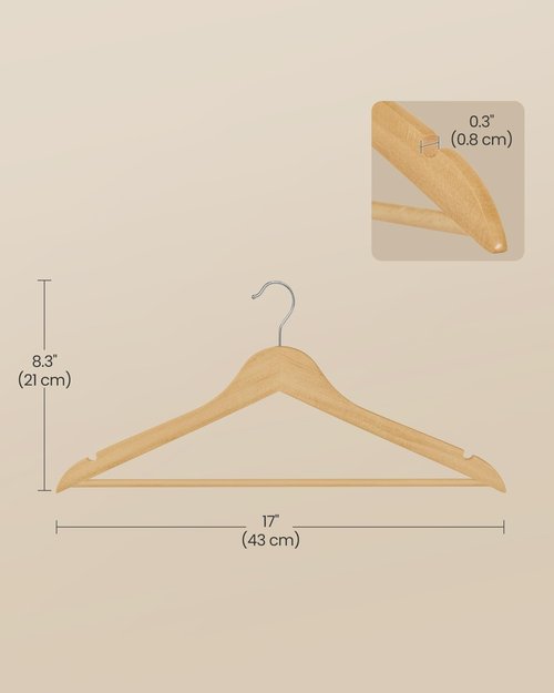 SONGMICS Wooden Hangers, Pack of 30, Coat Hangers, Pants Bar, 360° Swivel Hooks, Solid Birch Wood, Space Saving, for Jackets, Shirts, Coats, Natural Beige UCRW030K01